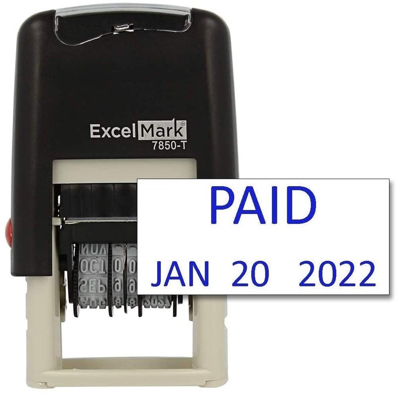 ExcelMark Paid - Self-Inking Rubber Date Stamp - Compact Size (Blue Ink) - Image 1